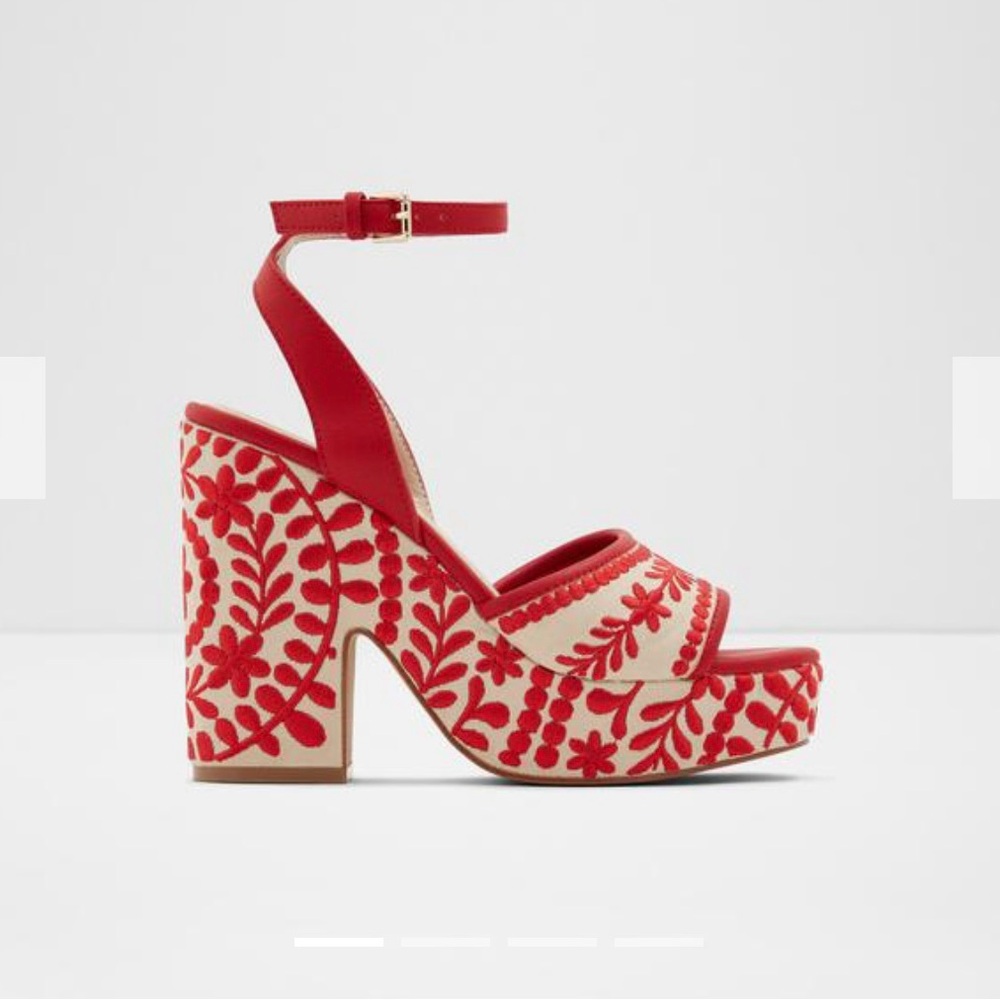 Aldo Red and Cream Embroidered Platform Heels